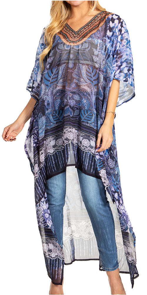 Sakkas Zeke Hi Low V-Neck Caftan Dress Printed Top Cover / Up