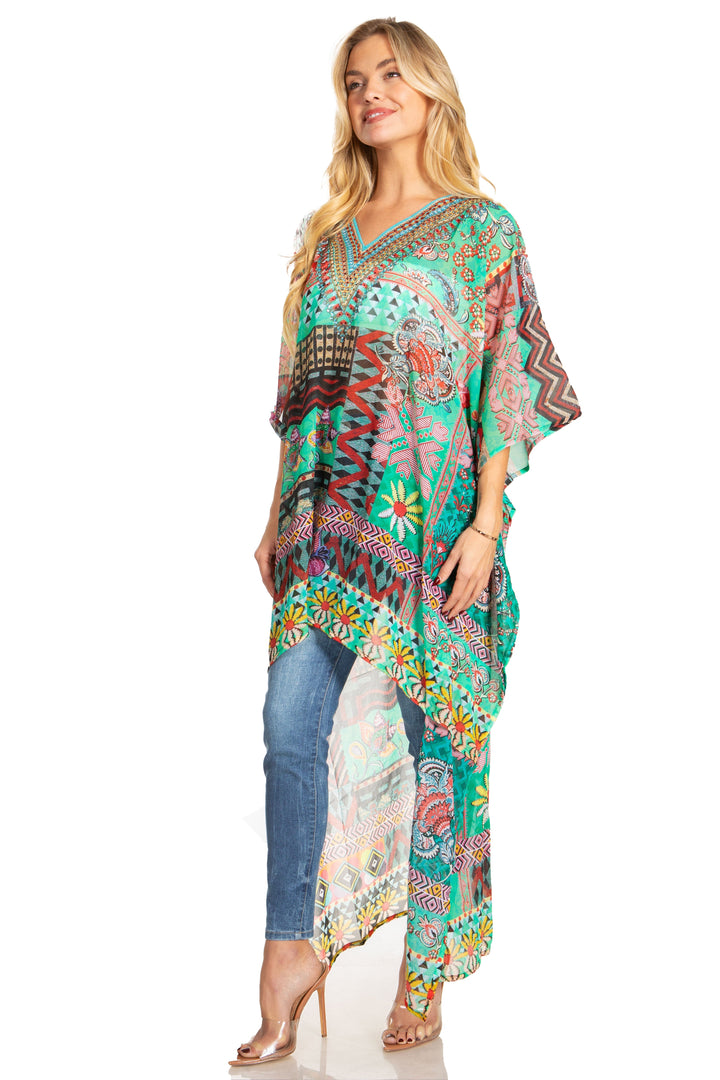 Sakkas Zeke Hi Low V-Neck Caftan Dress Printed Top Cover / Up