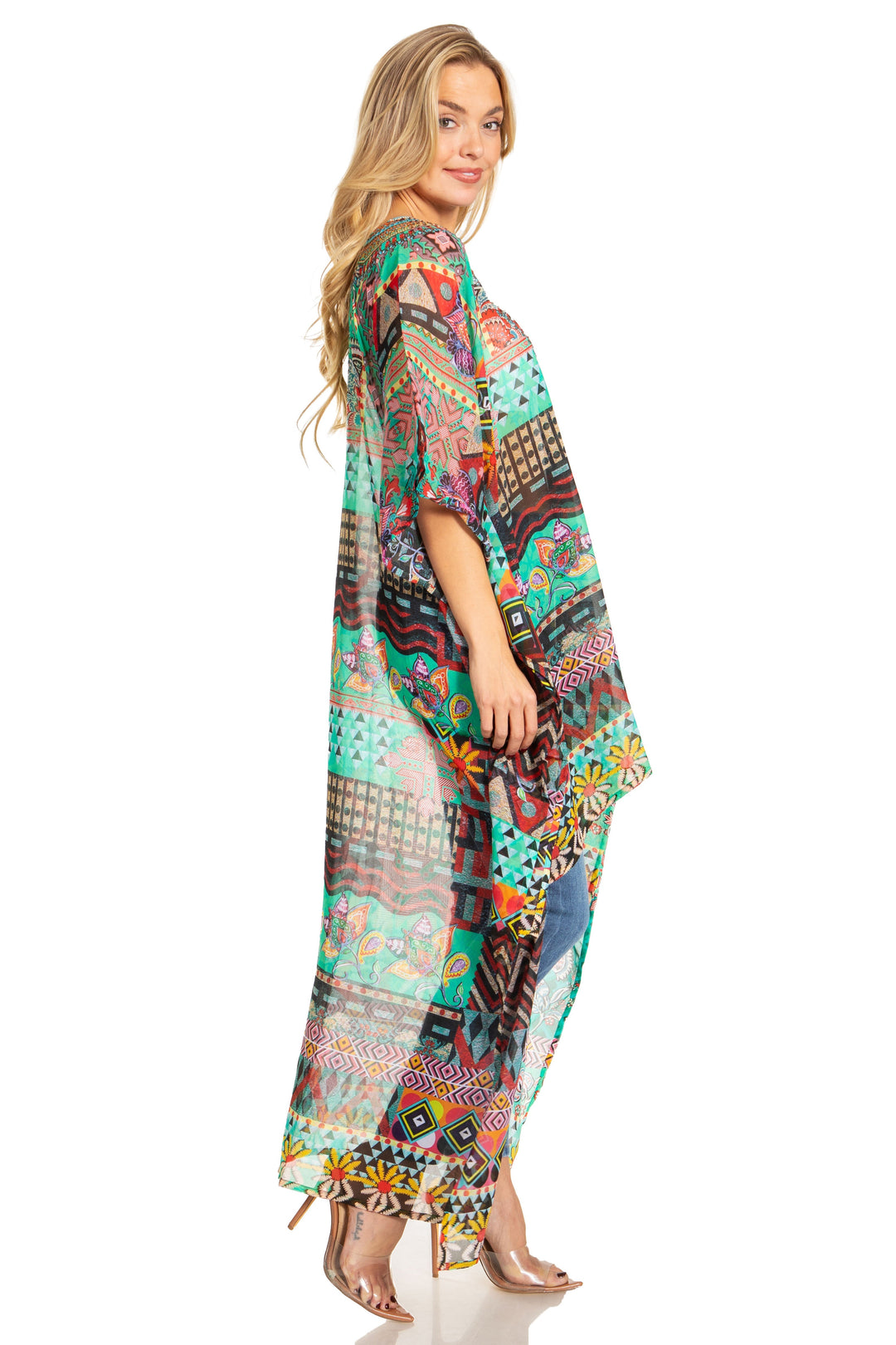 Sakkas Zeke Hi Low V-Neck Caftan Dress Printed Top Cover / Up