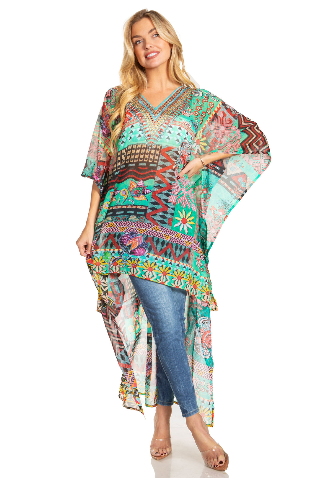 Sakkas Zeke Hi Low V-Neck Caftan Dress Printed Top Cover / Up