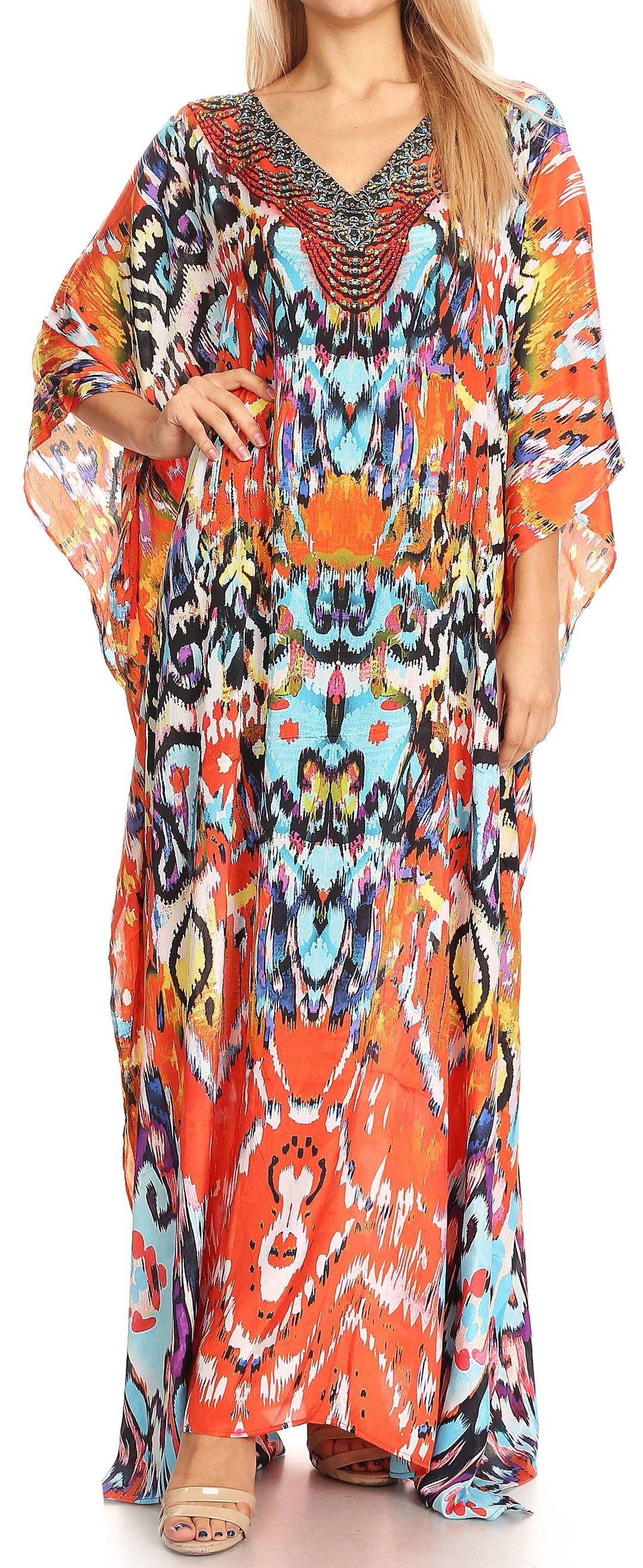 Sakkas Anahi Flowy Design V Neck Long Caftan Dress / Cover Up With Rhinestone