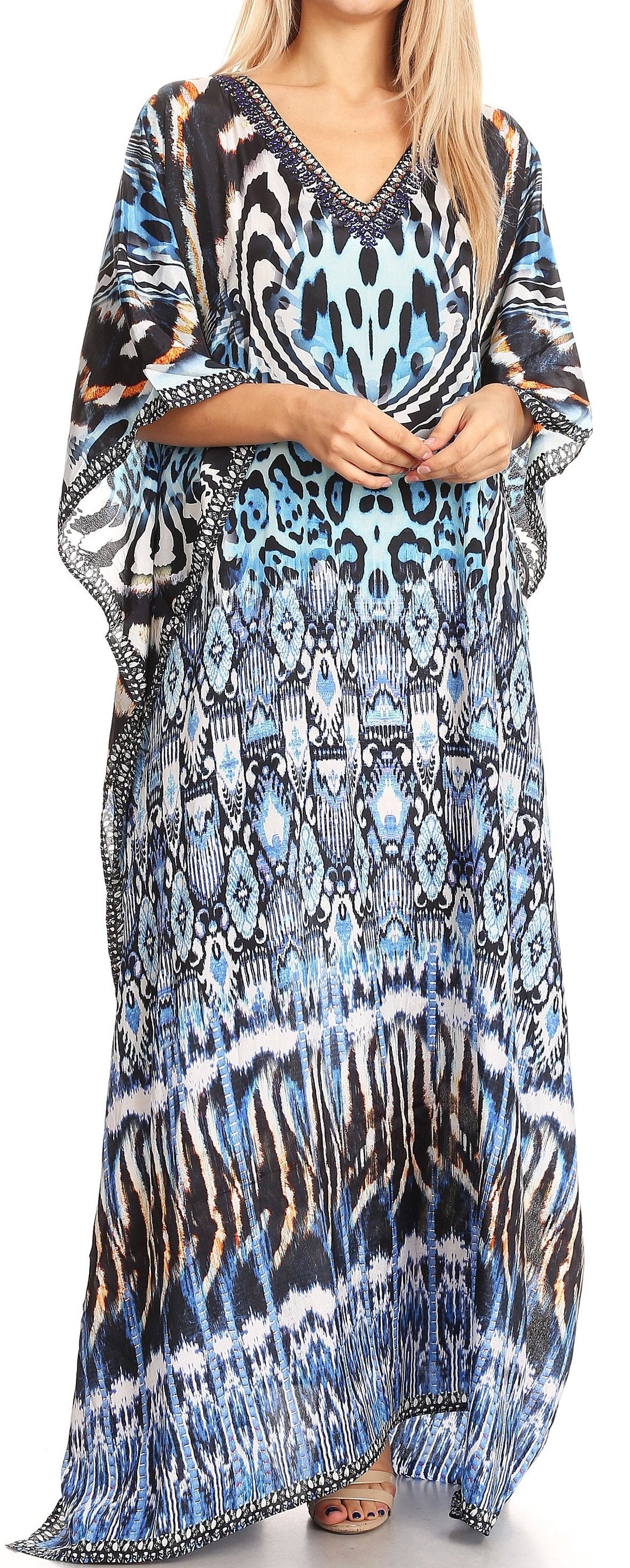 Sakkas Anahi Flowy Design V Neck Long Caftan Dress / Cover Up With Rhinestone