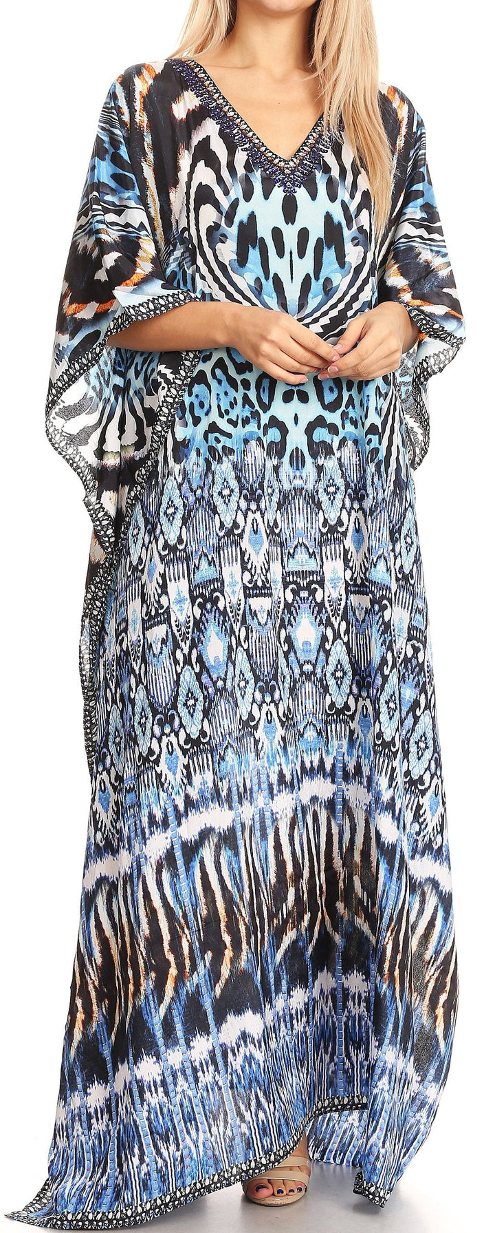 Sakkas Anahi Flowy Design V Neck Long Caftan Dress / Cover Up With Rhinestone