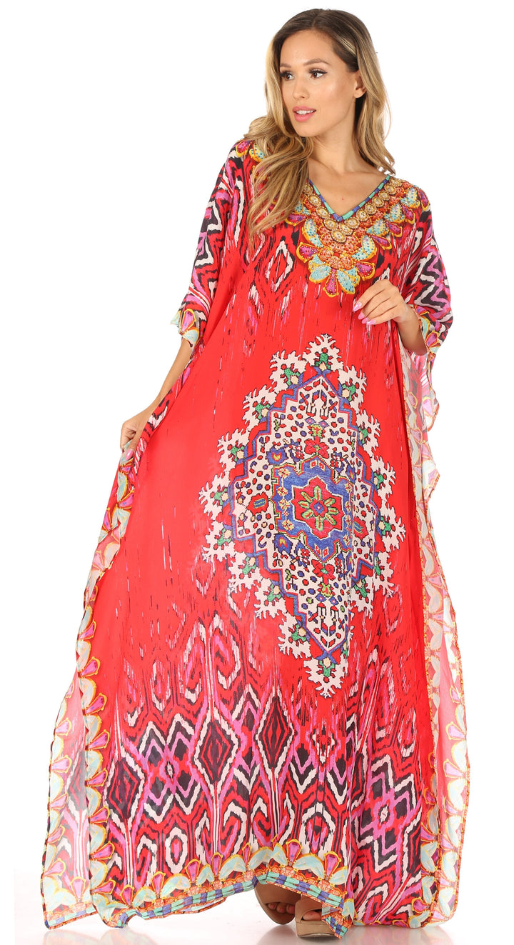 Sakkas Anahi Flowy Design V Neck Long Caftan Dress / Cover Up With Rhinestone