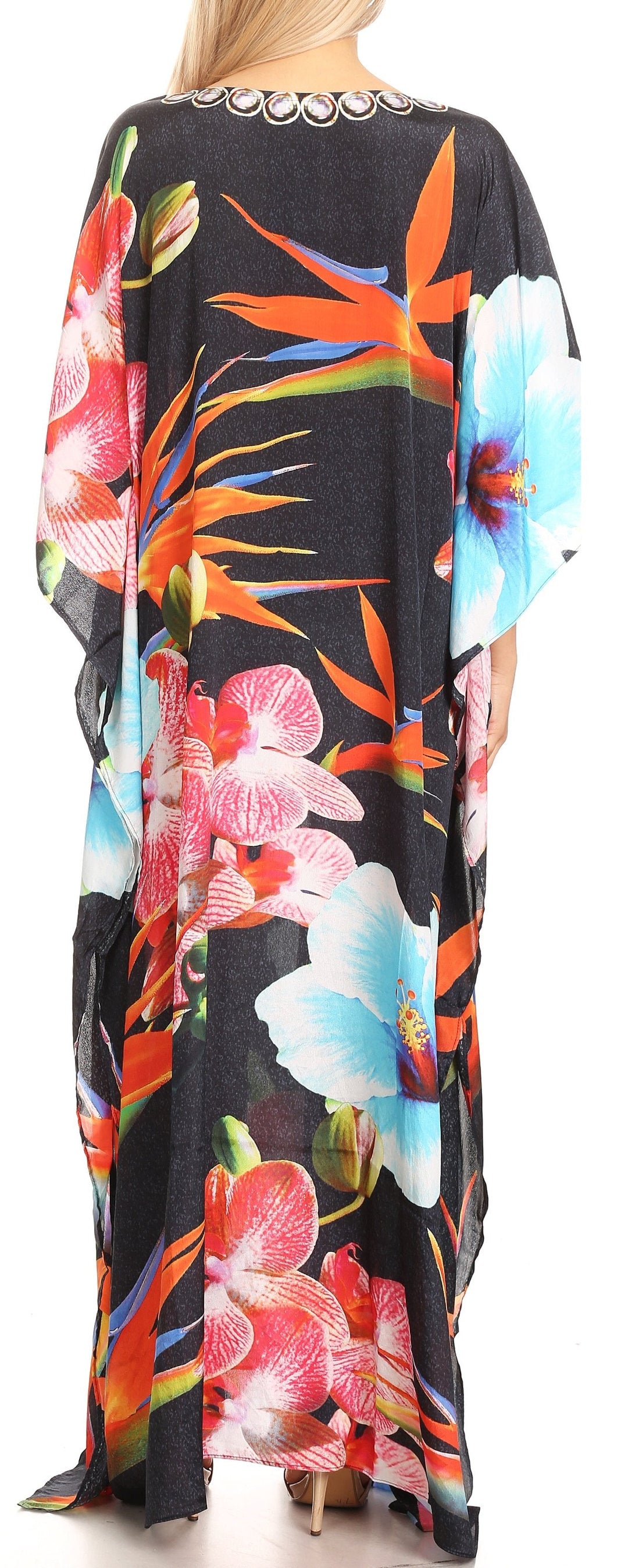 Sakkas Anahi Flowy Design V Neck Long Caftan Dress / Cover Up With Rhinestone