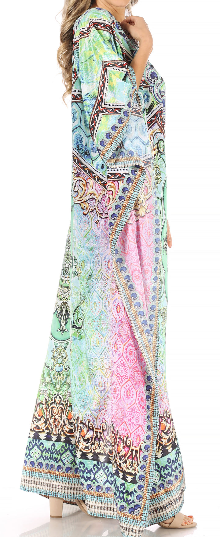 Sakkas Anahi Flowy Design V Neck Long Caftan Dress / Cover Up With Rhinestone