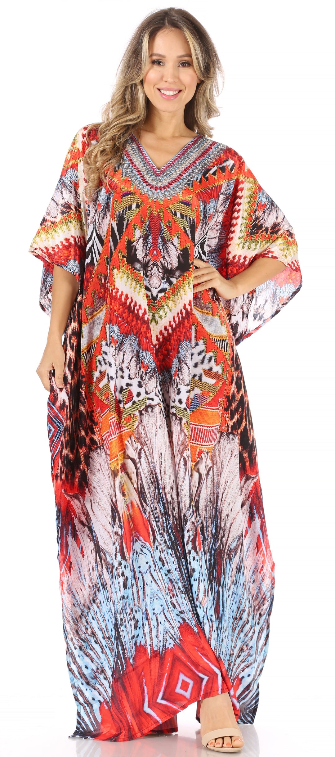 Sakkas Anahi Flowy Design V Neck Long Caftan Dress / Cover Up With Rhinestone