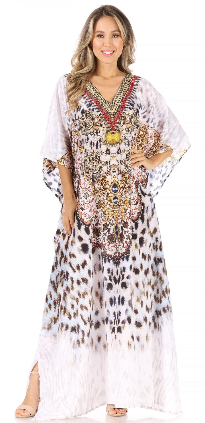 Sakkas Anahi Flowy Design V Neck Long Caftan Dress / Cover Up With Rhinestone