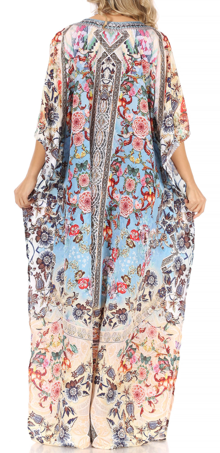 Sakkas Anahi Flowy Design V Neck Long Caftan Dress / Cover Up With Rhinestone