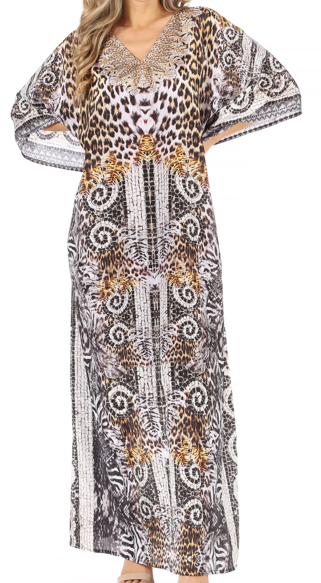 Sakkas Anahi Flowy Design V Neck Long Caftan Dress / Cover Up With Rhinestone
