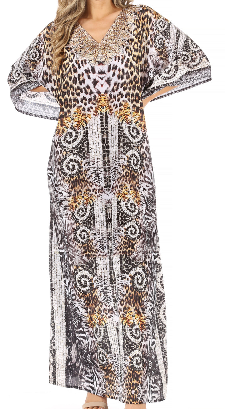 Sakkas Anahi Flowy Design V Neck Long Caftan Dress / Cover Up With Rhinestone