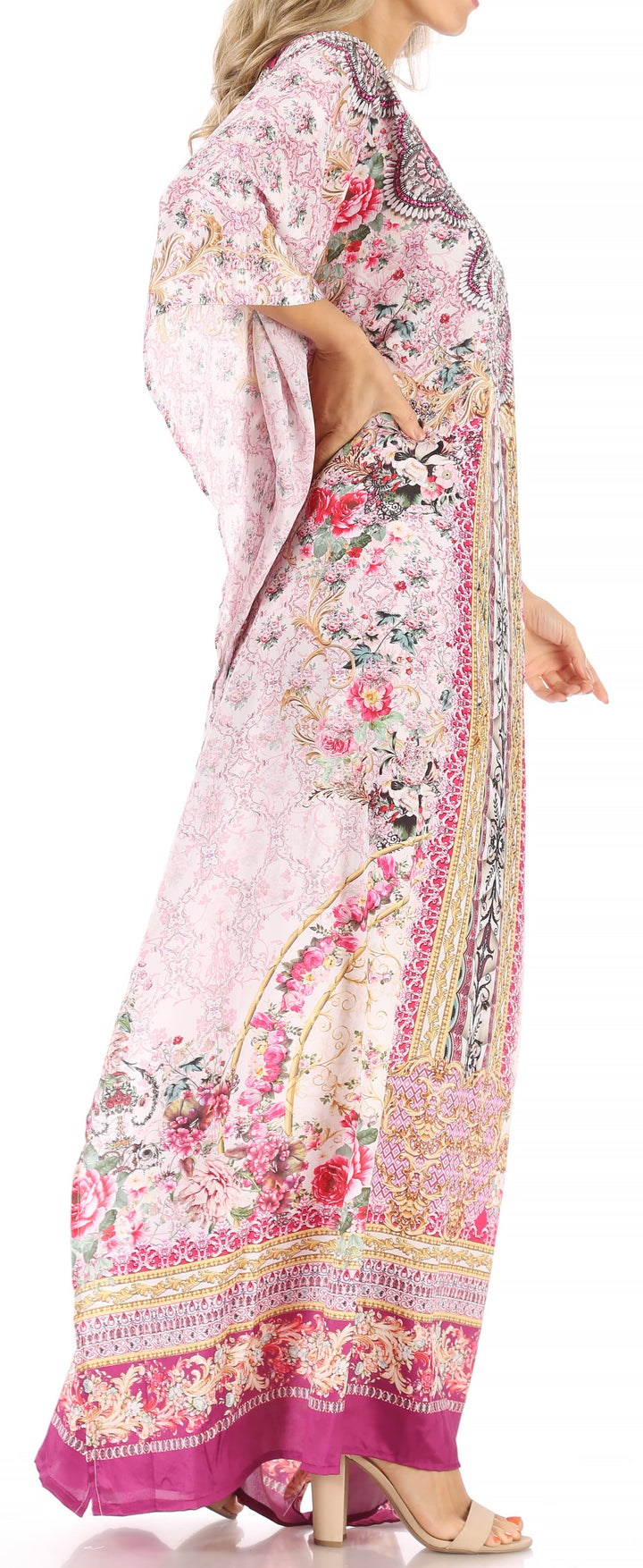 Sakkas Anahi Flowy Design V Neck Long Caftan Dress / Cover Up With Rhinestone