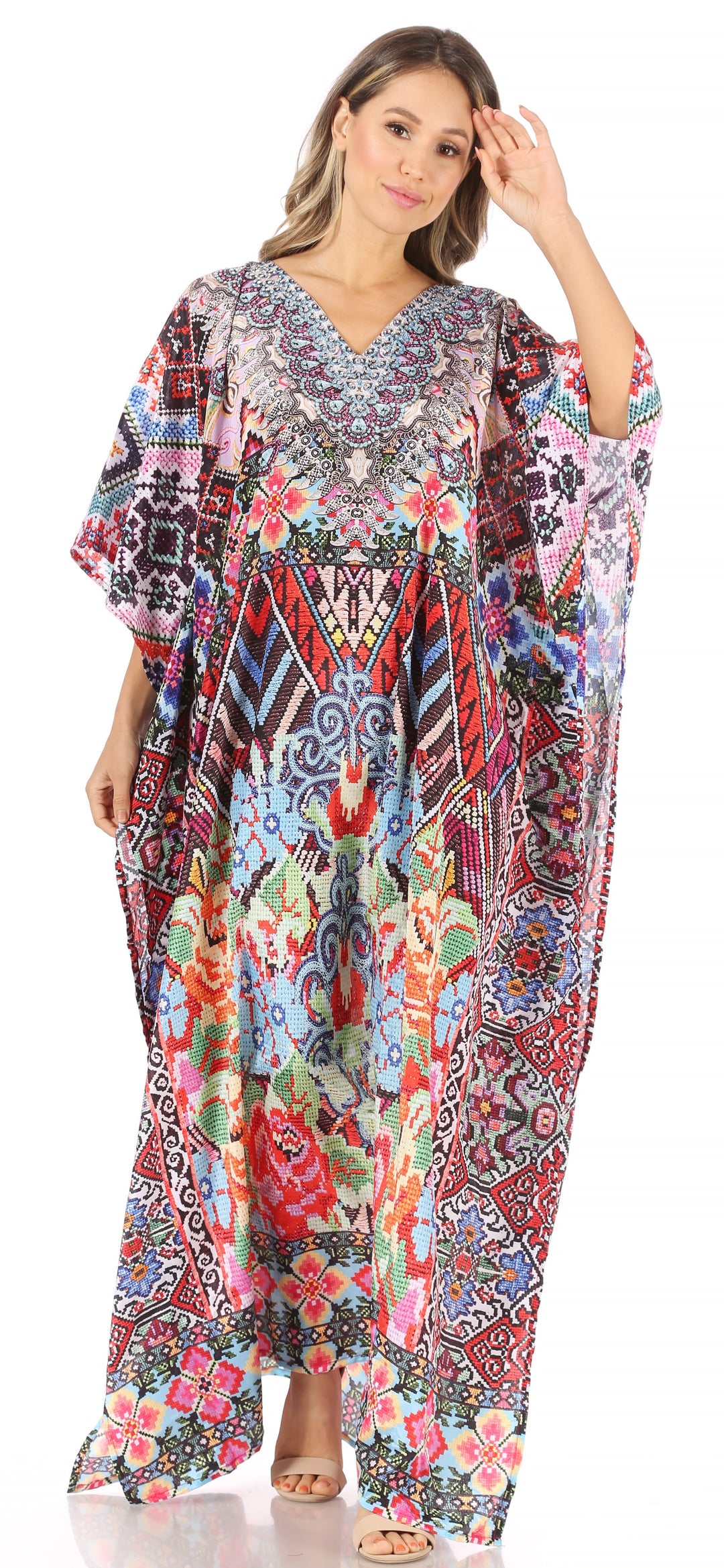Sakkas Anahi Flowy Design V Neck Long Caftan Dress / Cover Up With Rhinestone