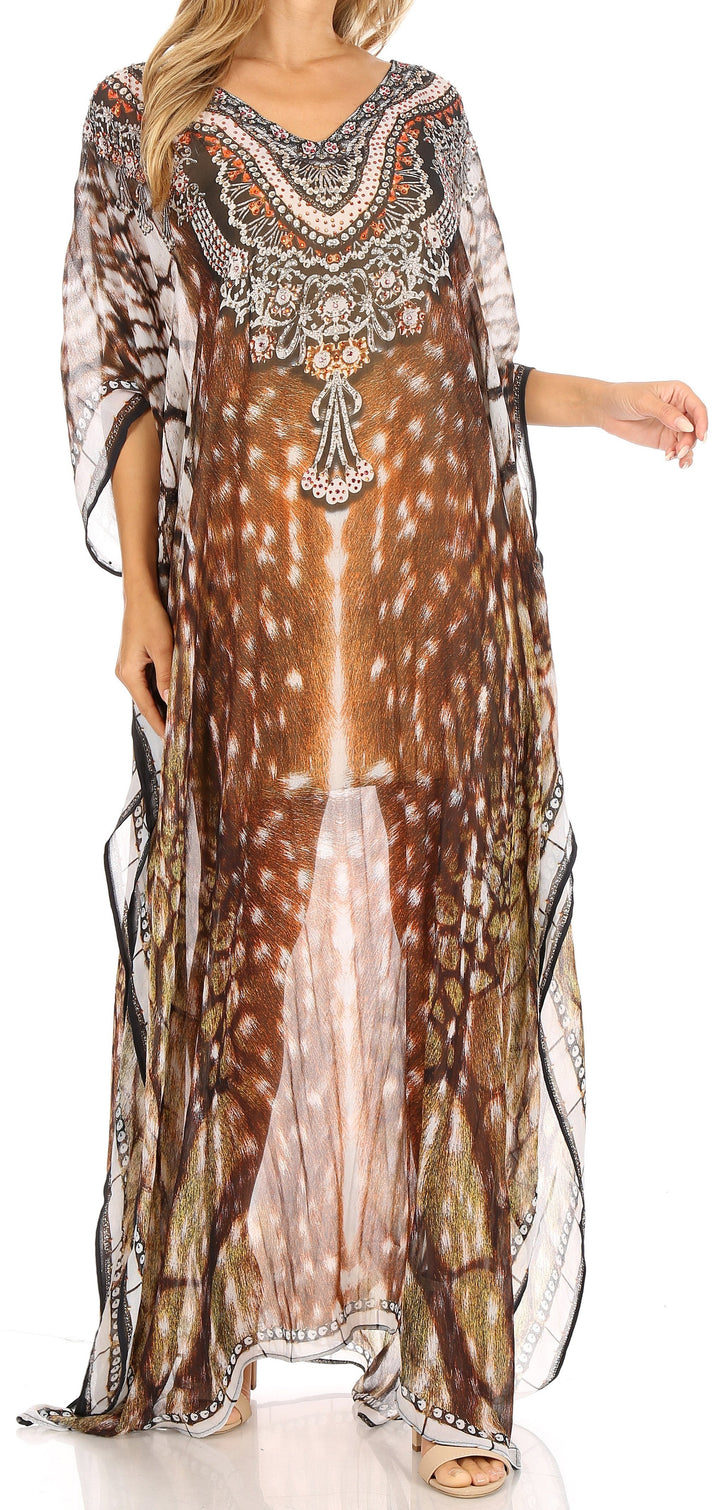 Sakkas Wilder Printed Design Long Sheer Rhinestone Caftan Dress / Cover Up