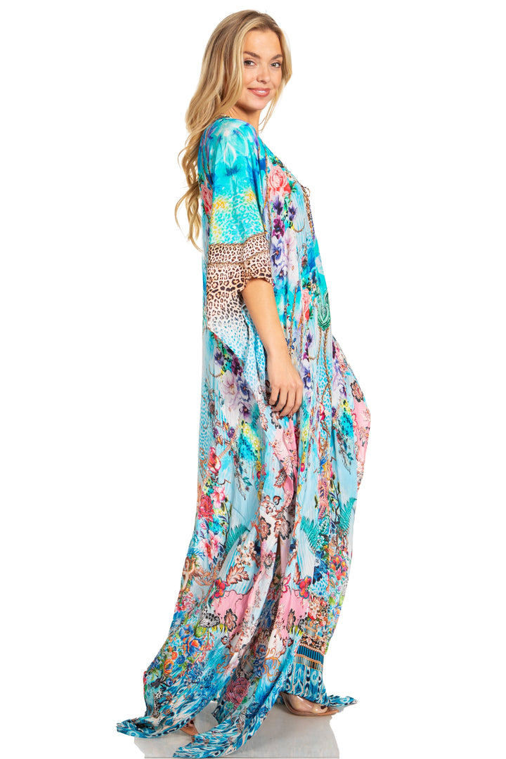 Sakkas Georgettina 2025 Flowy Rhinestone V Neck Long Caftan Dress / Cover Up
