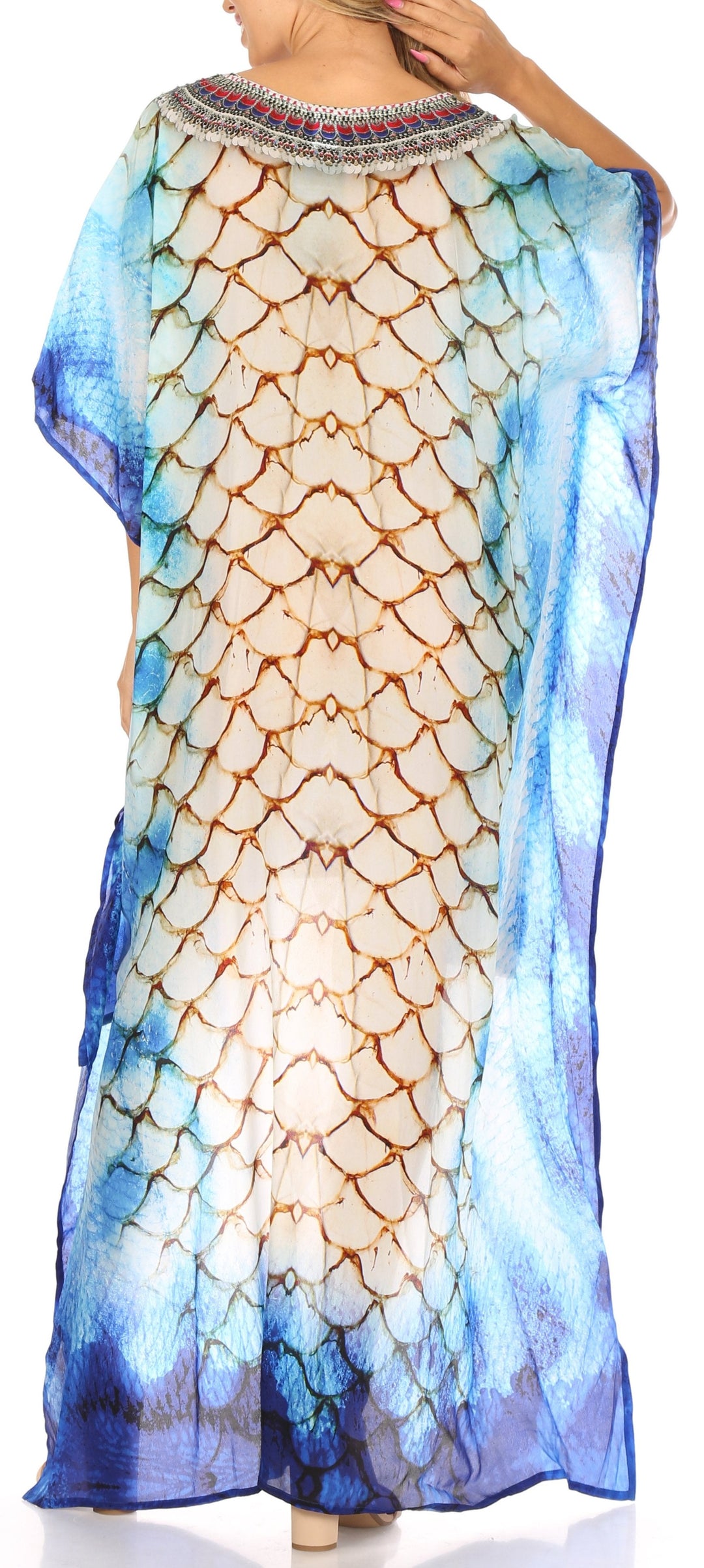 Sakkas Laisson Flowy Hi Low Caftan Rhinestone Boxy V Neck Dress Top Cover / Up