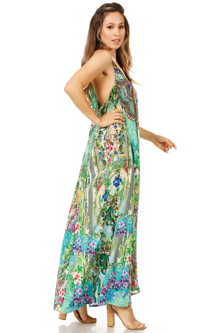 Sakkas Sofia Women's Spaghetti Strap V-neck Floral Print Summer Casual Maxi Dress