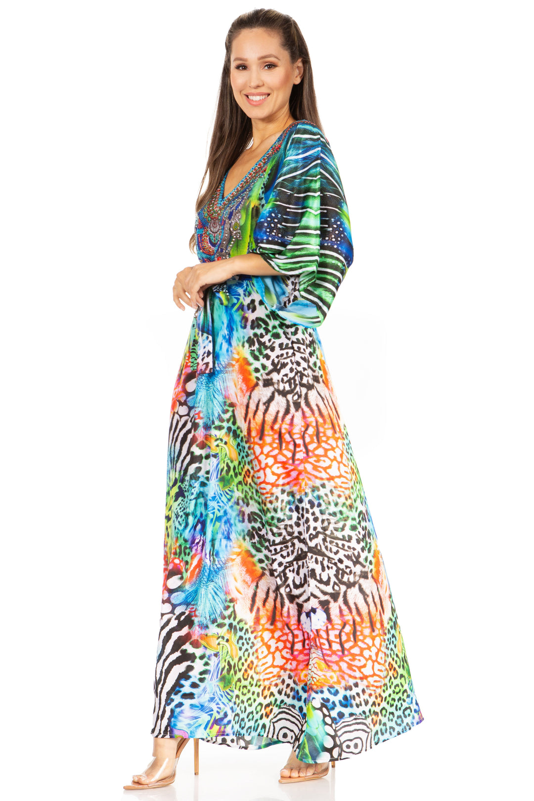 Sakkas Maribel Maxi Caftan Dress - Women's V-Neck, Short Sleeves