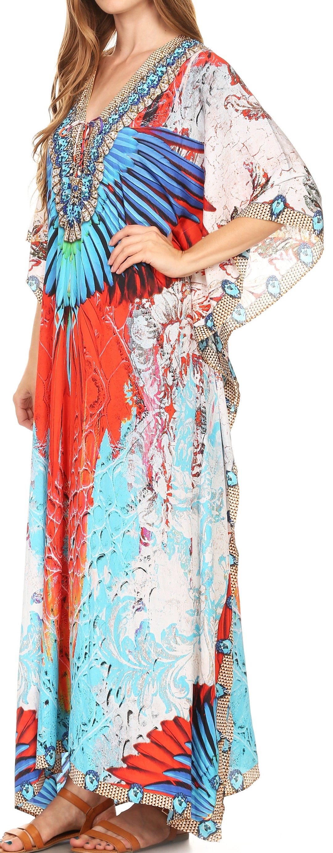 Sakkas Milanna Women's V neck Short Sleeve Vibrant Print Caftan Dress Cover-up
