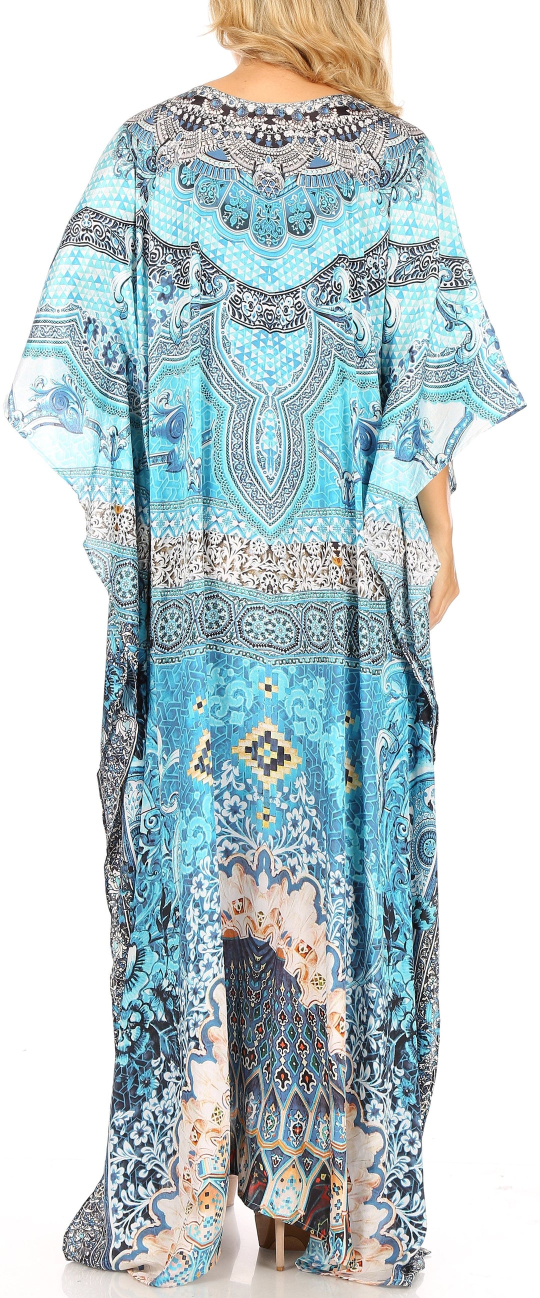Sakkas Milanna Women's V neck Short Sleeve Vibrant Print Caftan Dress Cover-up