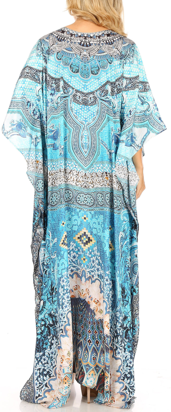 Sakkas Milanna Women's V neck Short Sleeve Vibrant Print Caftan Dress Cover-up