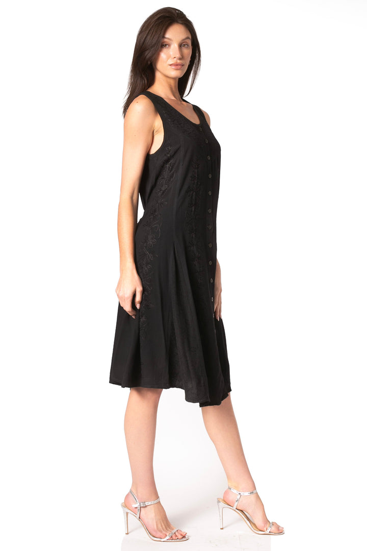 Sakkas Maya Midi Floral Embroidered Sleeveless Button Up Rayon Dress