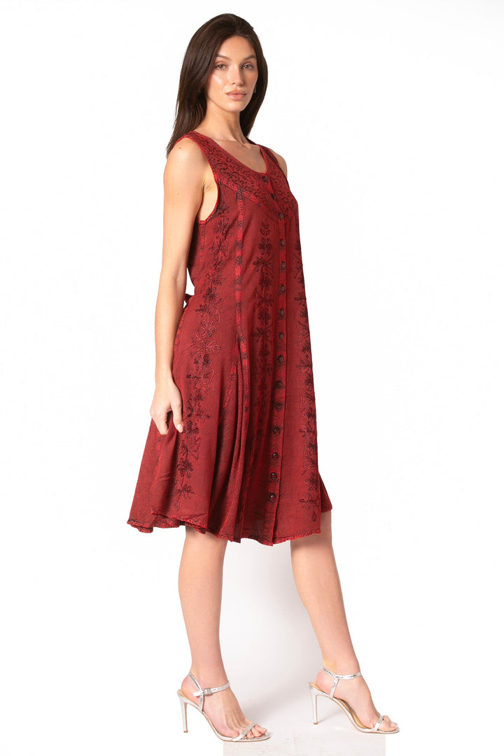 Sakkas Maya Midi Floral Embroidered Sleeveless Button Up Rayon Dress