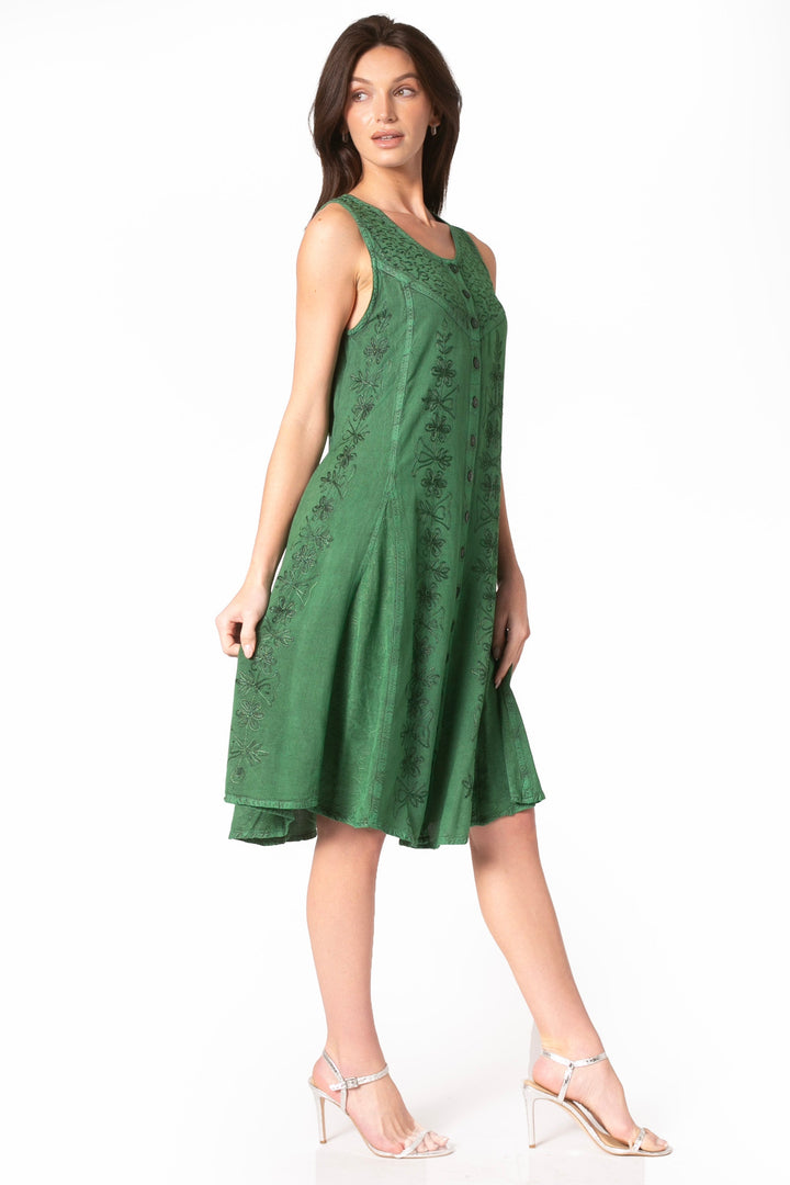 Sakkas Maya Midi Floral Embroidered Sleeveless Button Up Rayon Dress