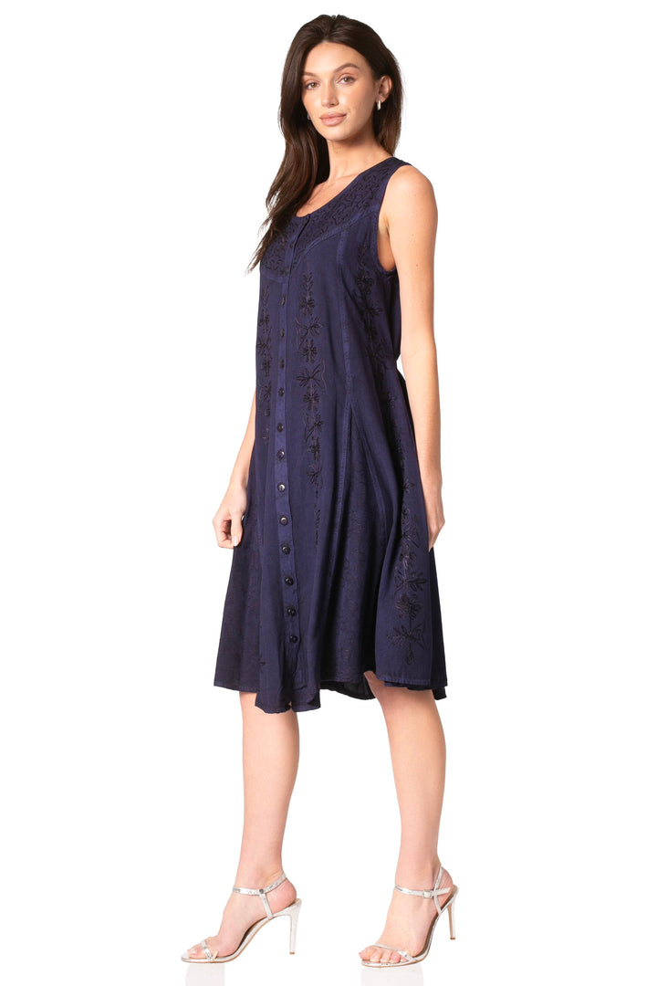 Sakkas Maya Midi Floral Embroidered Sleeveless Button Up Rayon Dress