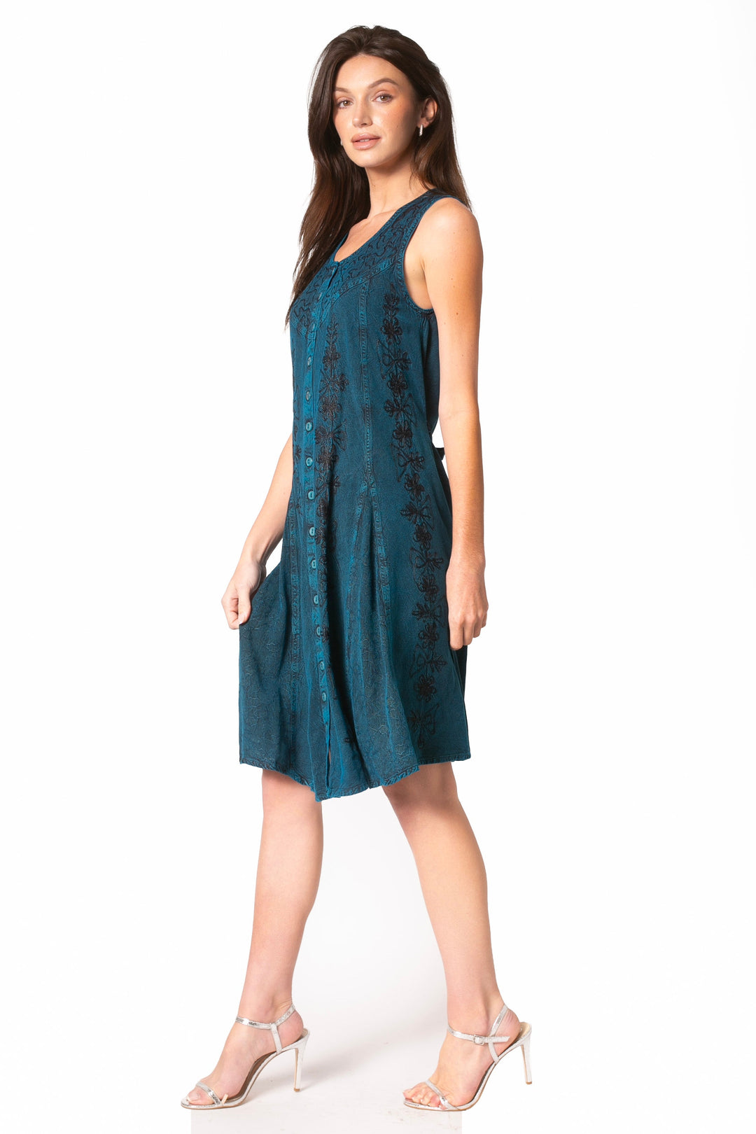 Sakkas Maya Midi Floral Embroidered Sleeveless Button Up Rayon Dress