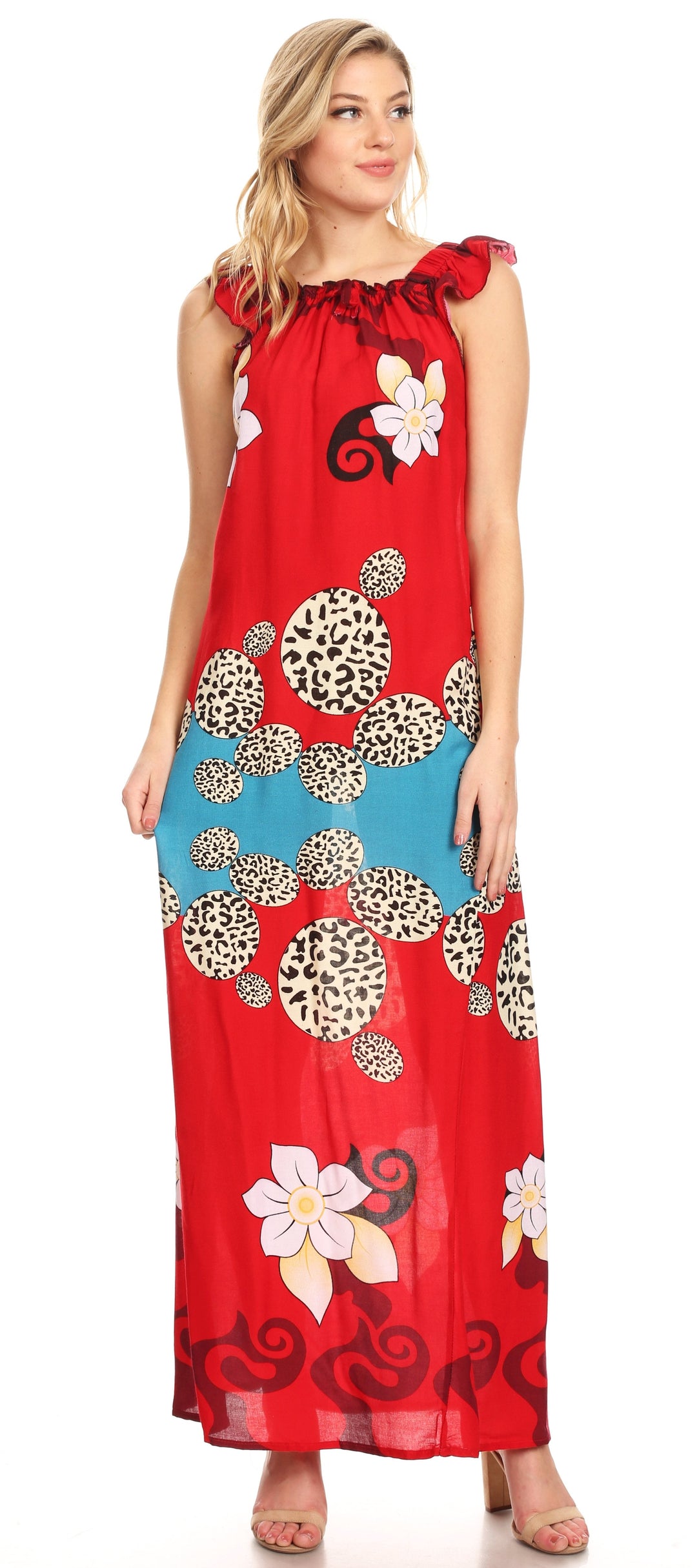 Sakkas Abby Womens Casual Long Tropical Off Shoulder Dress Elastic &amp; Floral Print