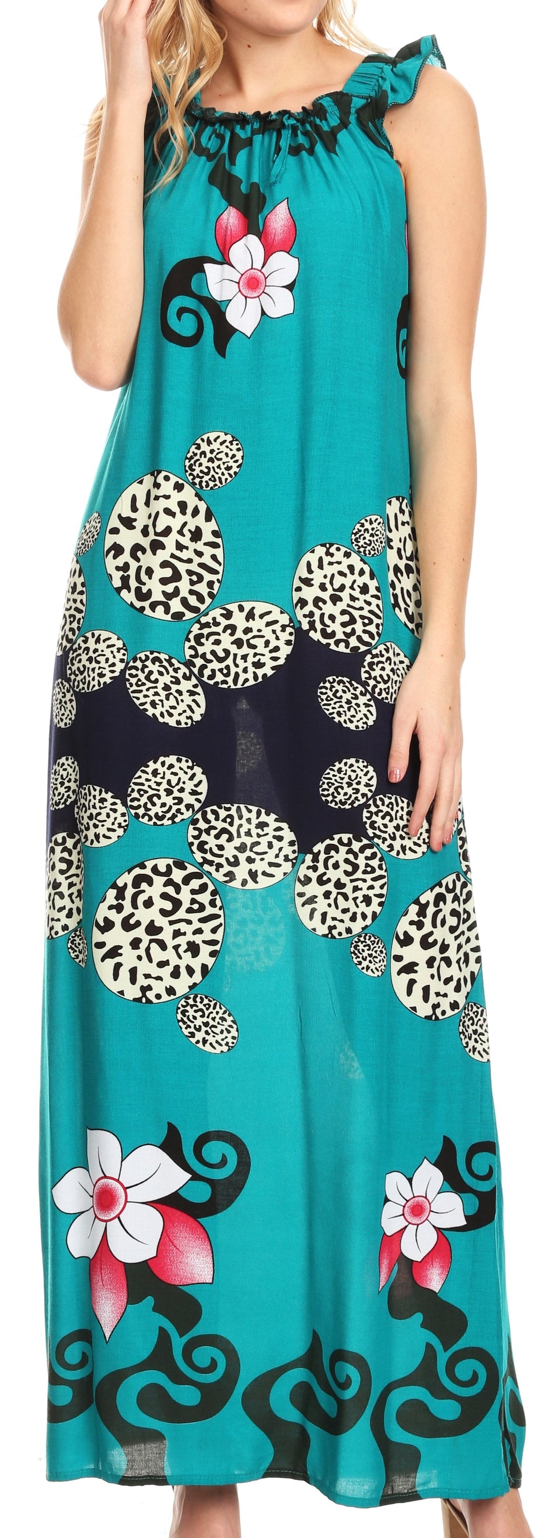 Sakkas Abby Womens Casual Long Tropical Off Shoulder Dress Elastic &amp; Floral Print