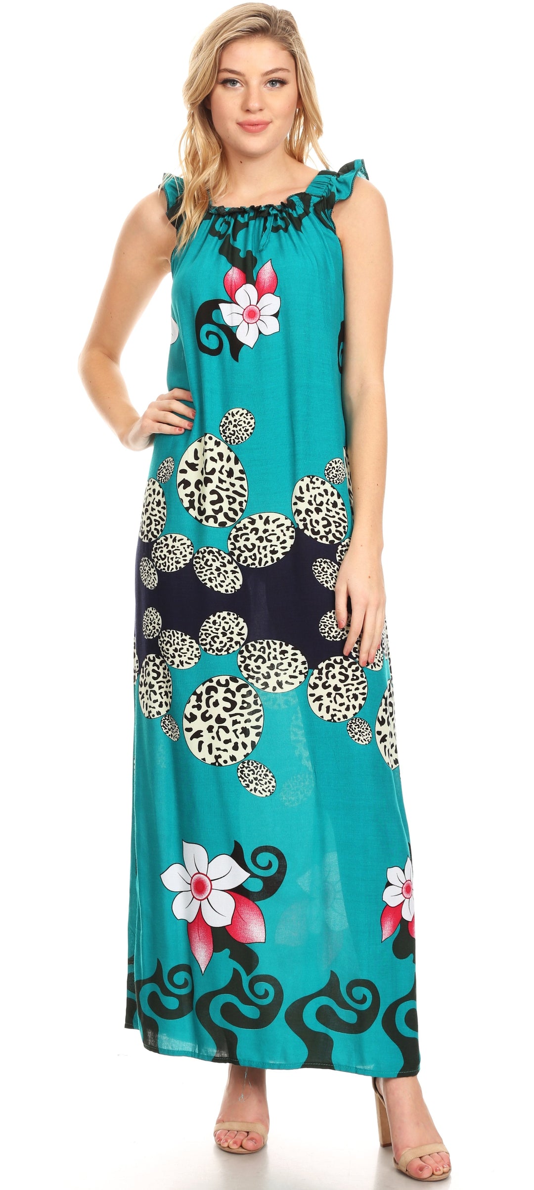 Sakkas Abby Womens Casual Long Tropical Off Shoulder Dress Elastic &amp; Floral Print