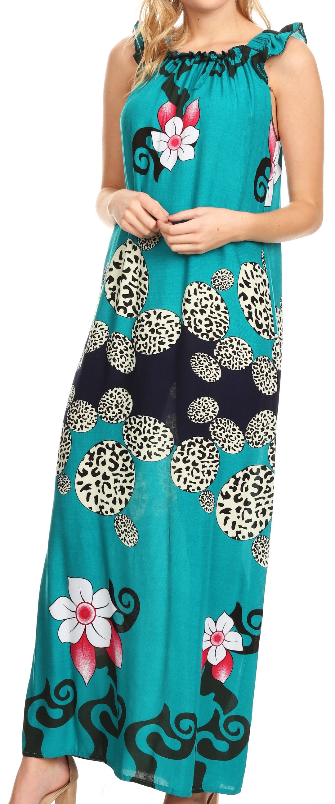Sakkas Abby Womens Casual Long Tropical Off Shoulder Dress Elastic &amp; Floral Print