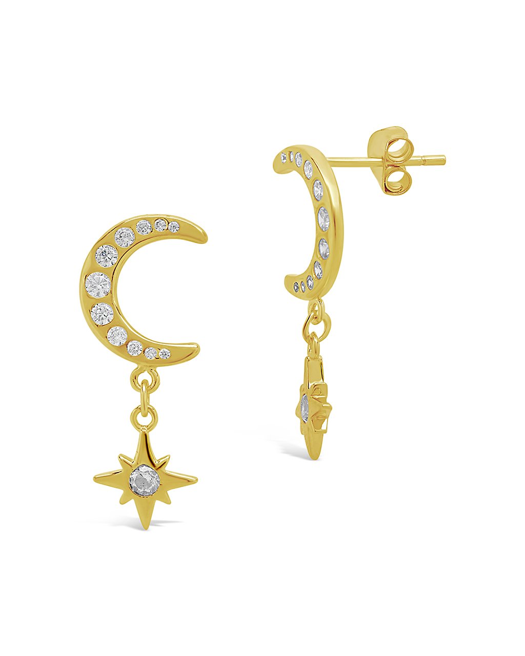 Sterling Silver CZ Crescent & Star Drop Studs