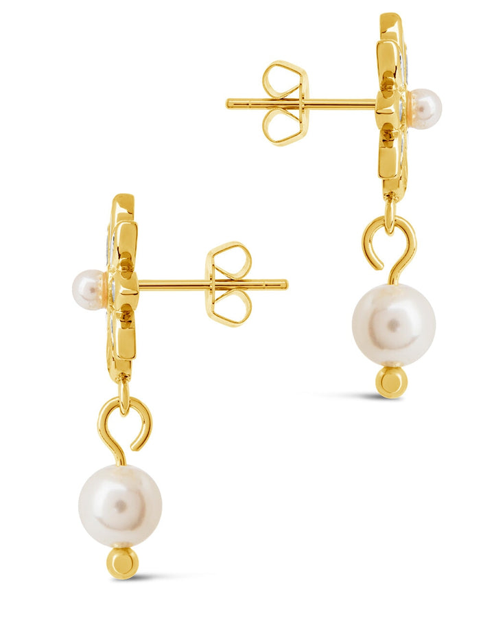 Esti CZ Flower & Pearl Drop Stud Earrings