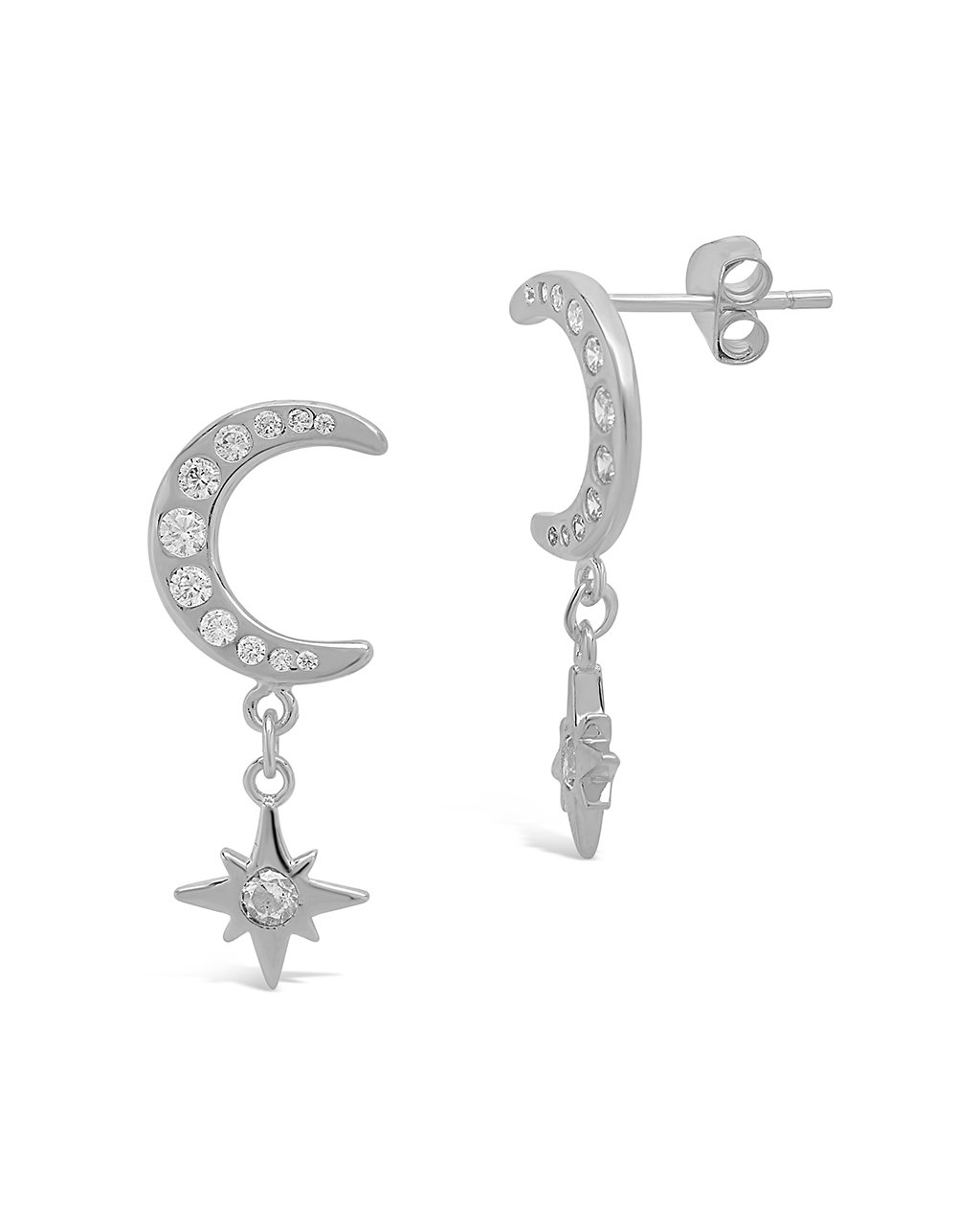 Sterling Silver CZ Crescent & Star Drop Studs