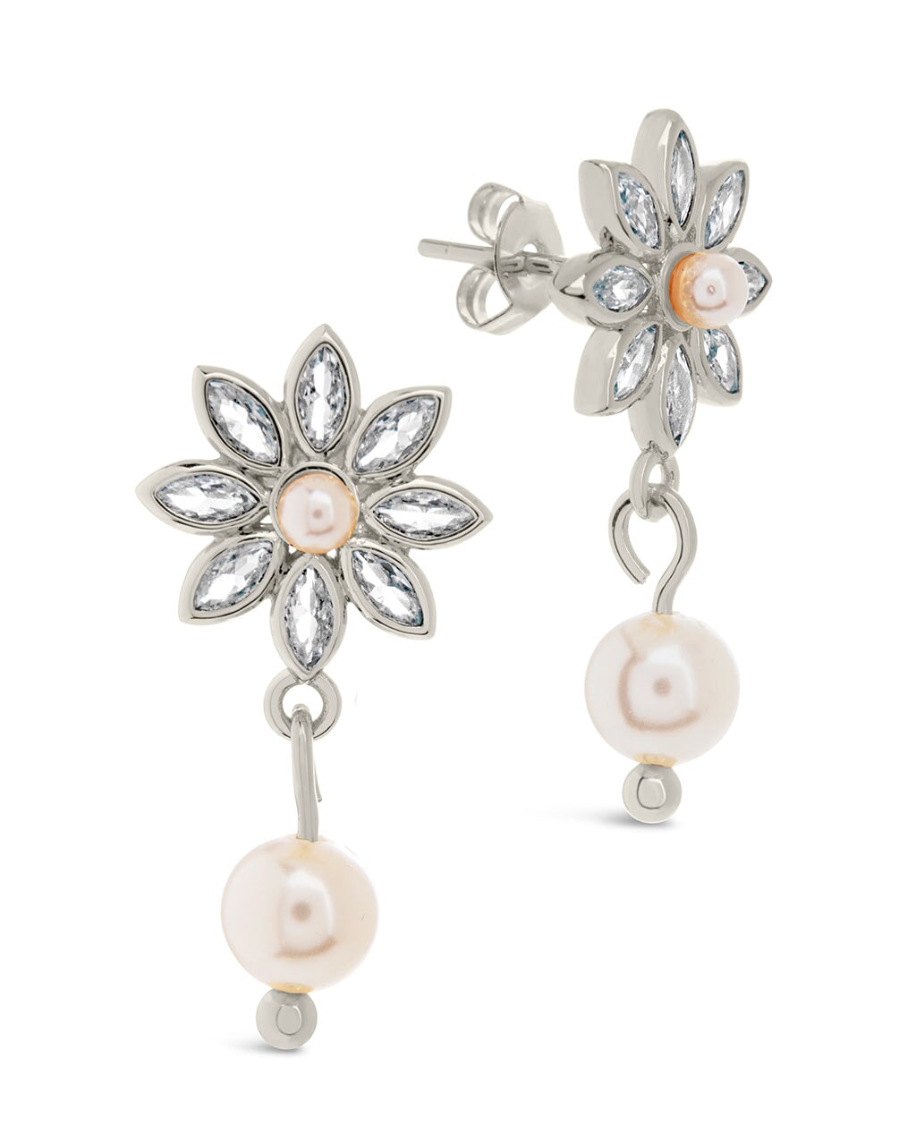 Esti CZ Flower & Pearl Drop Stud Earrings