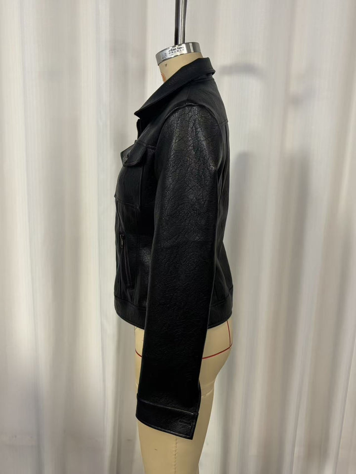 Vintage Washed PU Leather Biker Jacket | Slim Fit Moto Zip | Black
