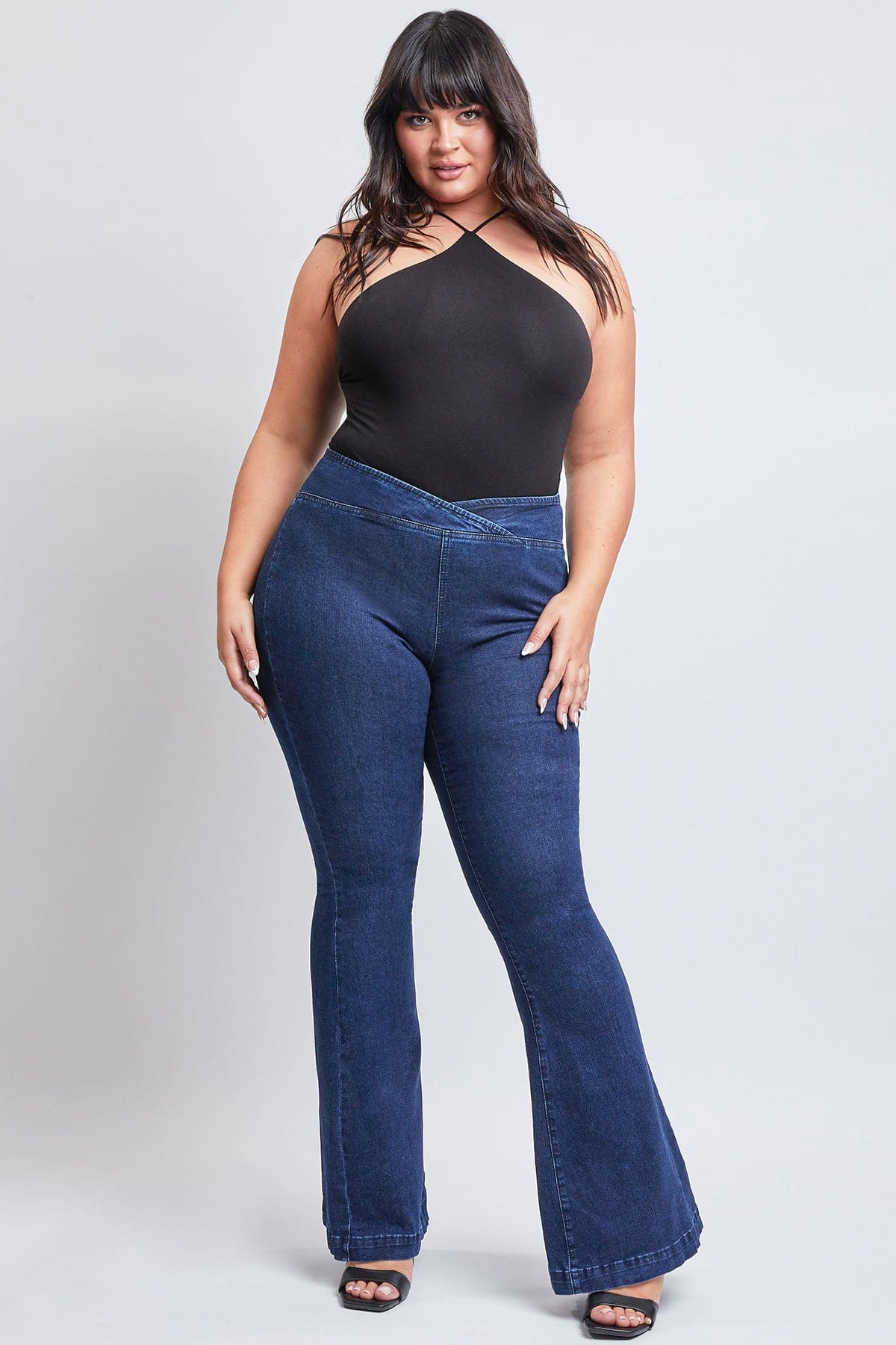 Women's Plus V-Front Pull On Flare Jeans