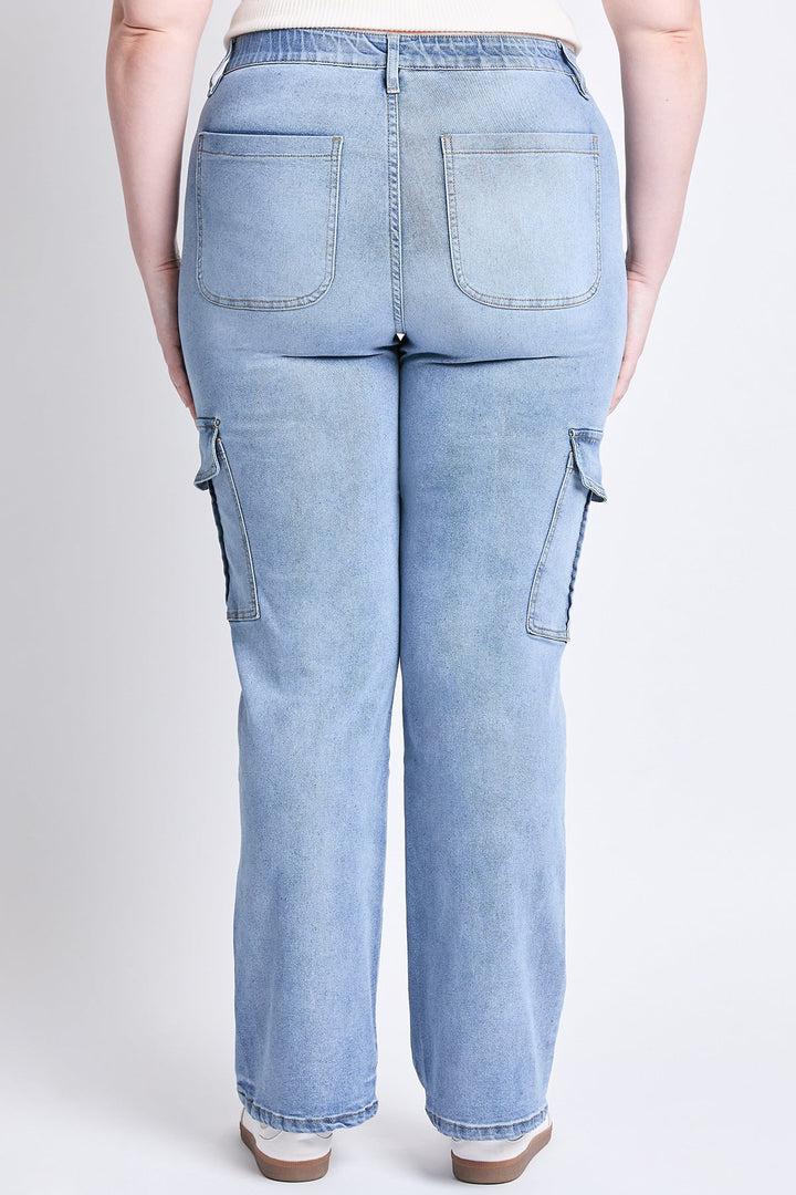 Women's Plus High Rise Elastic Waist Cargo Straight  Jeans