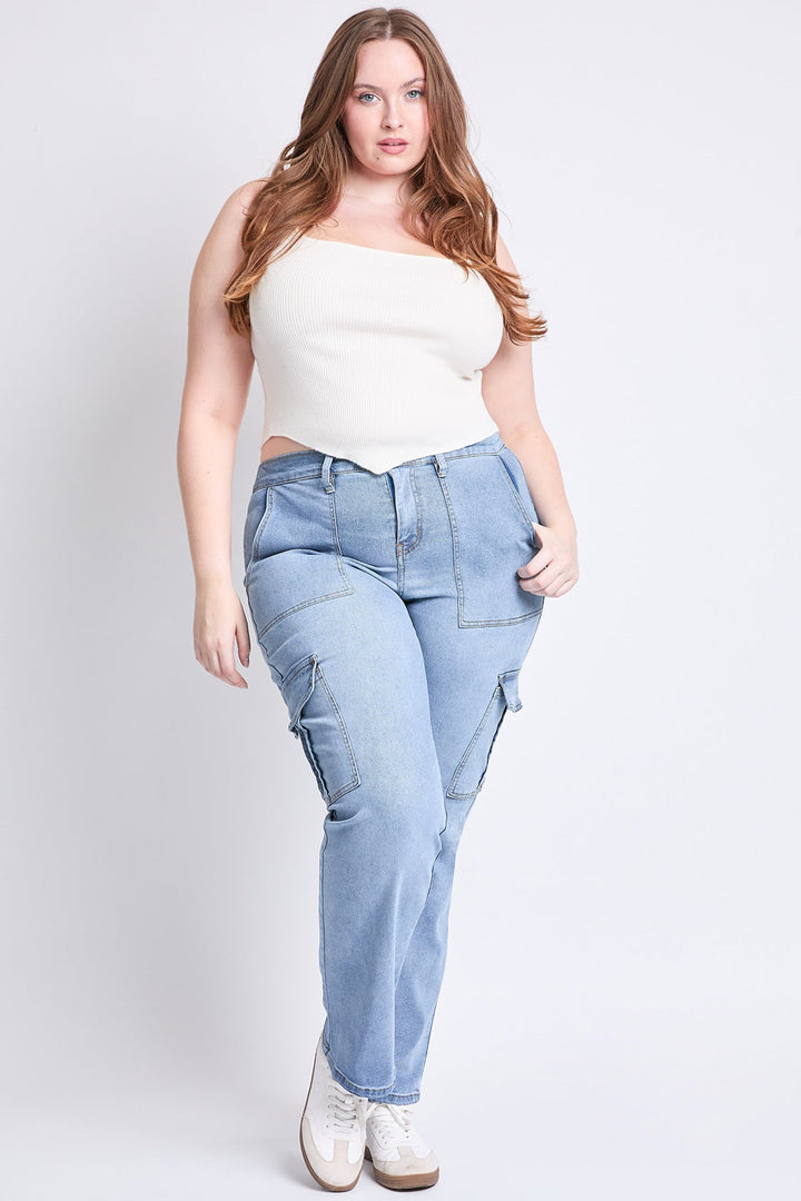 Women's Plus High Rise Elastic Waist Cargo Straight  Jeans