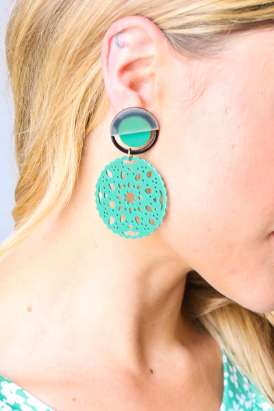 Teal Crochet Carved Disc Dangle Earrings - Sybaritic Bags & Clothing
