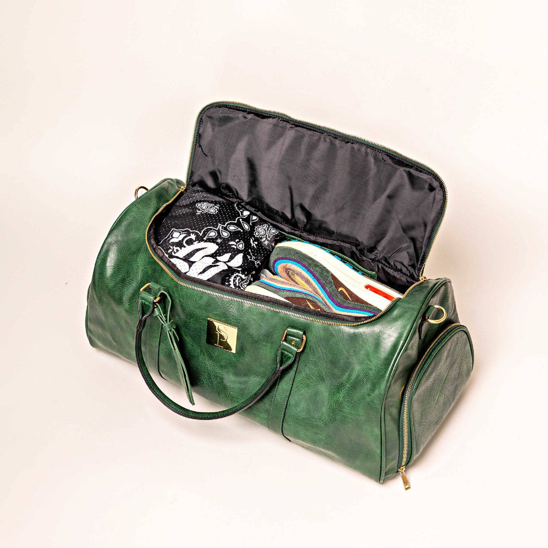 Emerald Green Leather Weekender Duffle Bag
