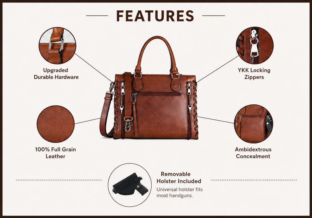 Concealed Carry Emma Leather Satchel — Spacious CCW Purse with Hidden Gun Compartment and Locking Zipper