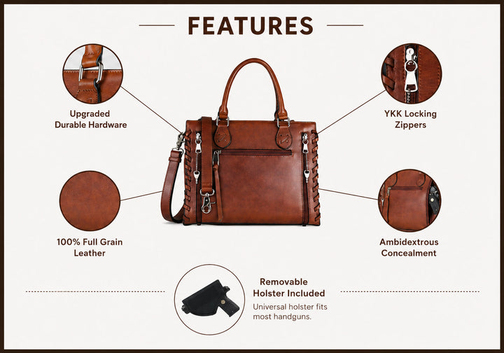 Concealed Carry Emma Leather Satchel — Spacious CCW Purse with Hidden Gun Compartment and Locking Zipper