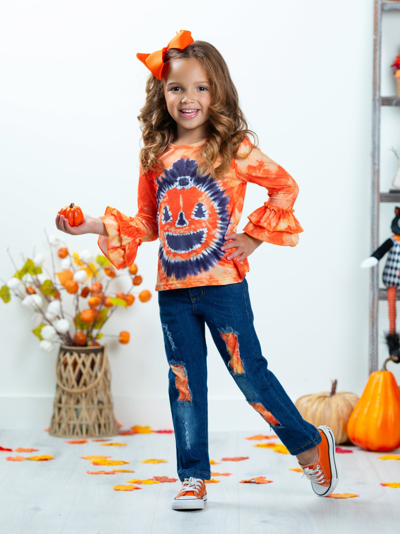 Pumpkin Pigment Ruffled Sleeve Top and Patched Jeans Set