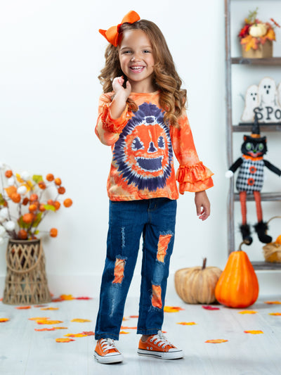 Pumpkin Pigment Ruffled Sleeve Top and Patched Jeans Set