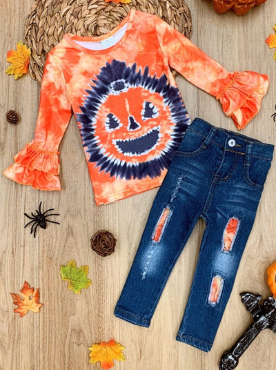 Pumpkin Pigment Ruffled Sleeve Top and Patched Jeans Set