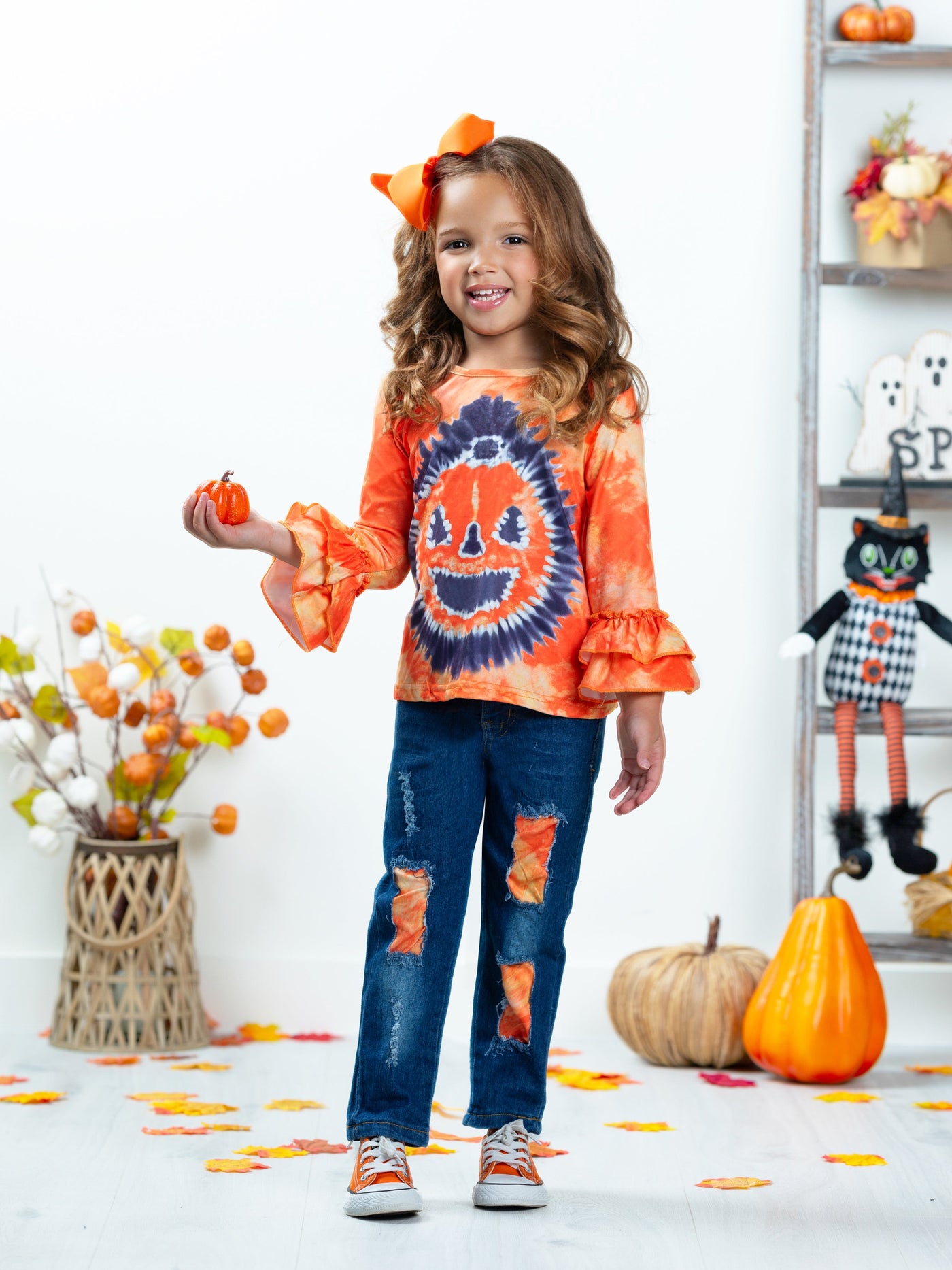 Pumpkin Pigment Ruffled Sleeve Top and Patched Jeans Set